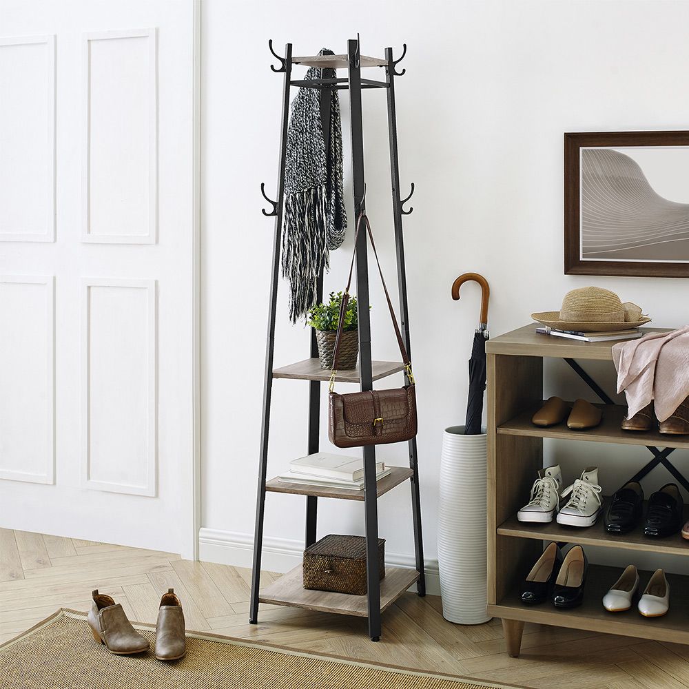 Coat Stand With 3 Shelves – 8 Hooks – Industrial Entryway Organizer