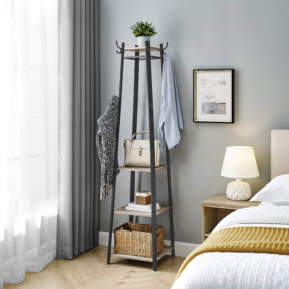 Coat Stand With 3 Shelves – 8 Hooks – Industrial Entryway Organizer
