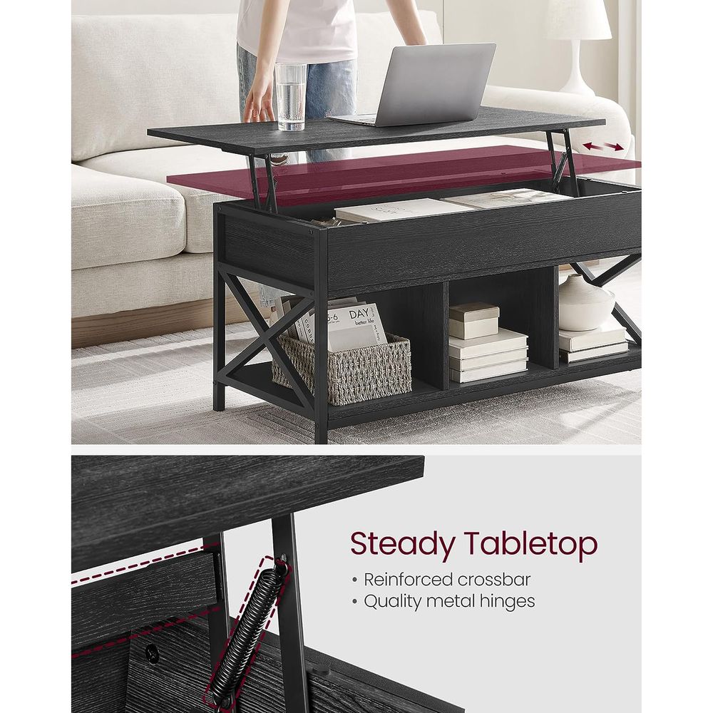 Lift Top Coffee Table – Hidden Storage Compartments – Industrial Living Room Table