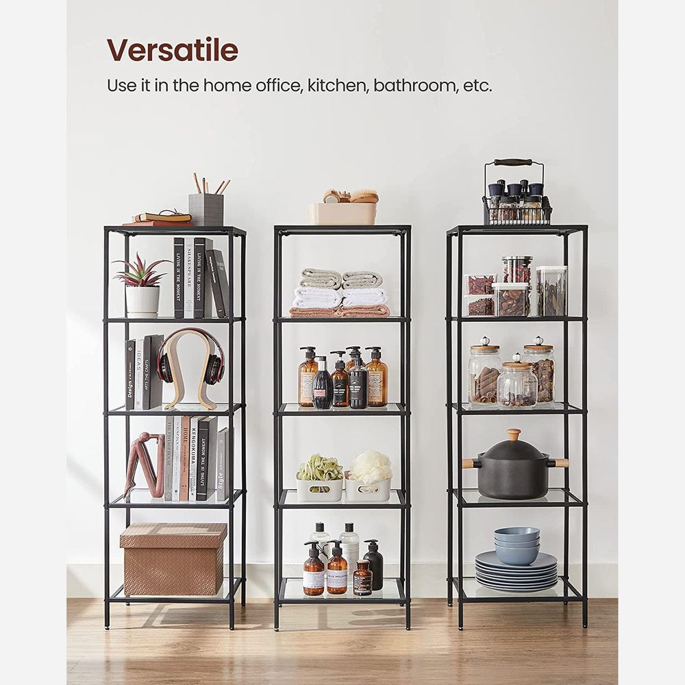 5 Tier Slim Bookcase Glass Shelves Narrow Storage Shelving Unit