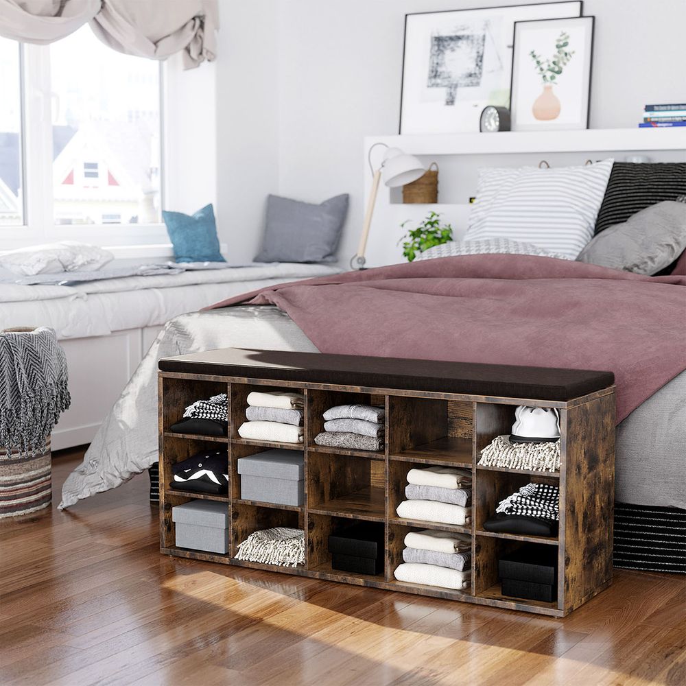 Shoe Bench With Cushion - 15 Compartments Storage - Entryway