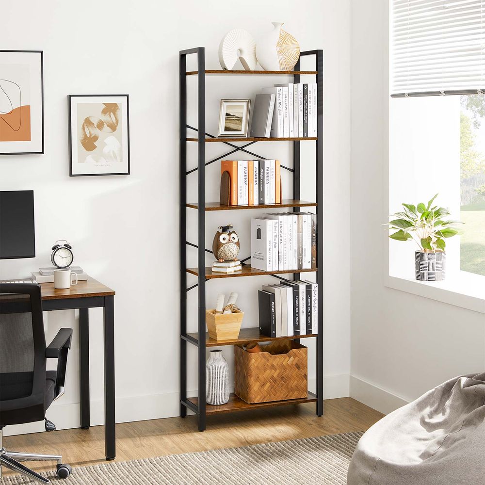 Bookshelf - Industrial 6 Tier - Steel Frame Tall Storage Shelf