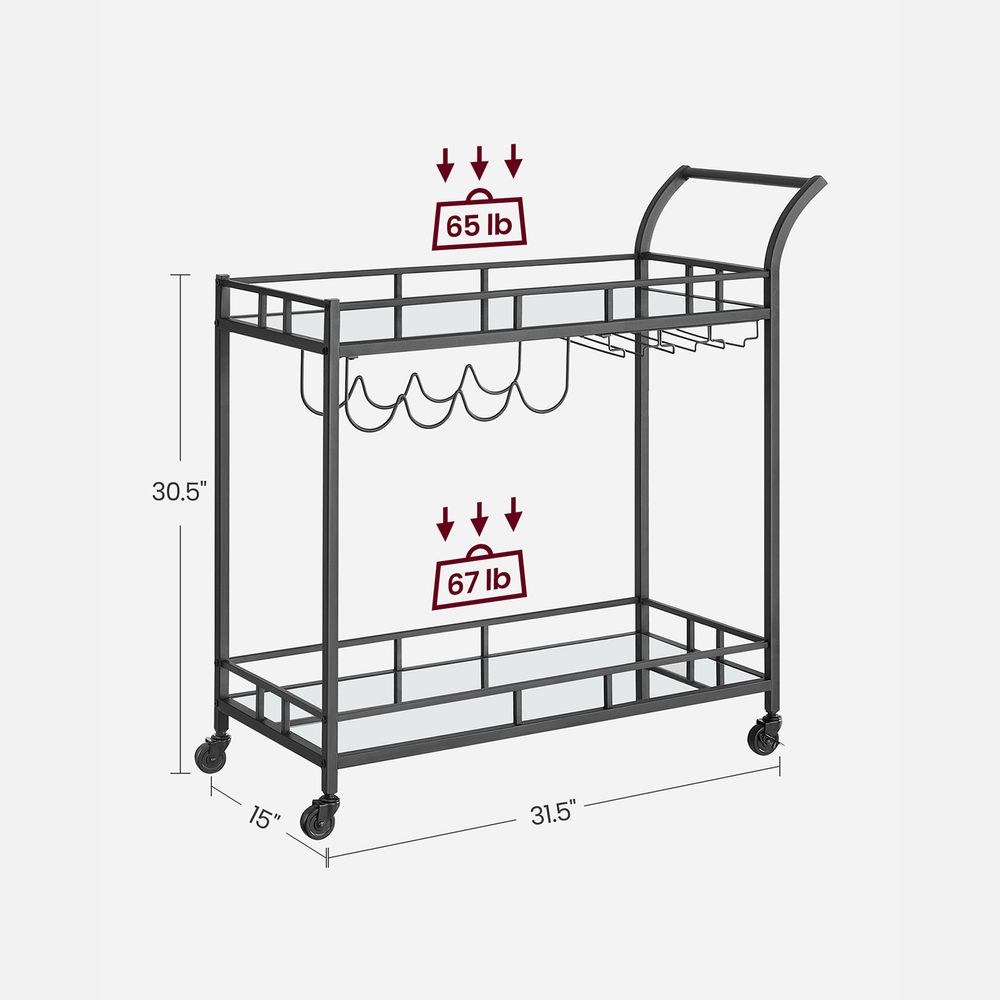 Home Bar Serving Cart - 2 Mirrored Shelves - Rolling Design