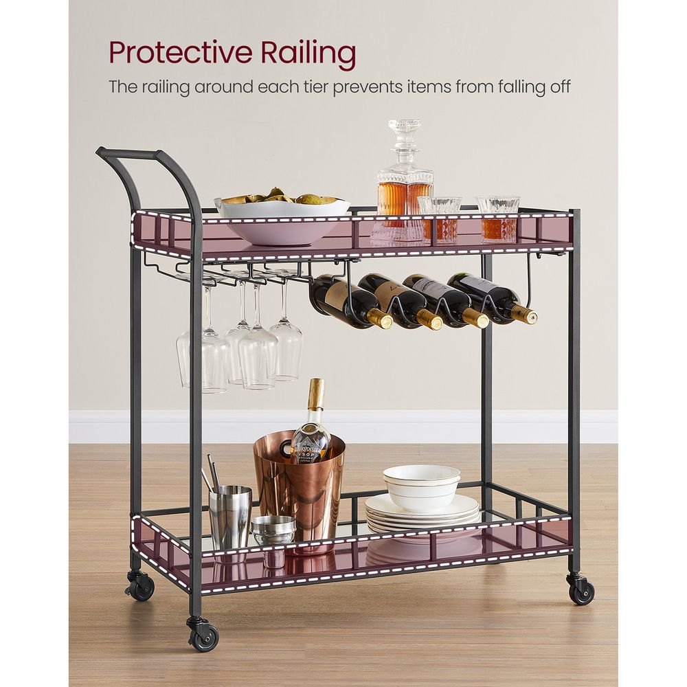 Home Bar Serving Cart - 2 Mirrored Shelves - Rolling Design