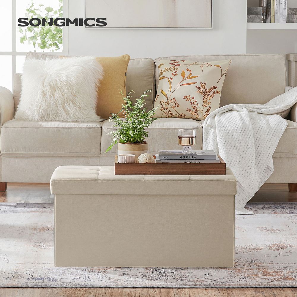 Storage Ottoman Bench - 30 Inch Folding - Linen Upholstered Storage