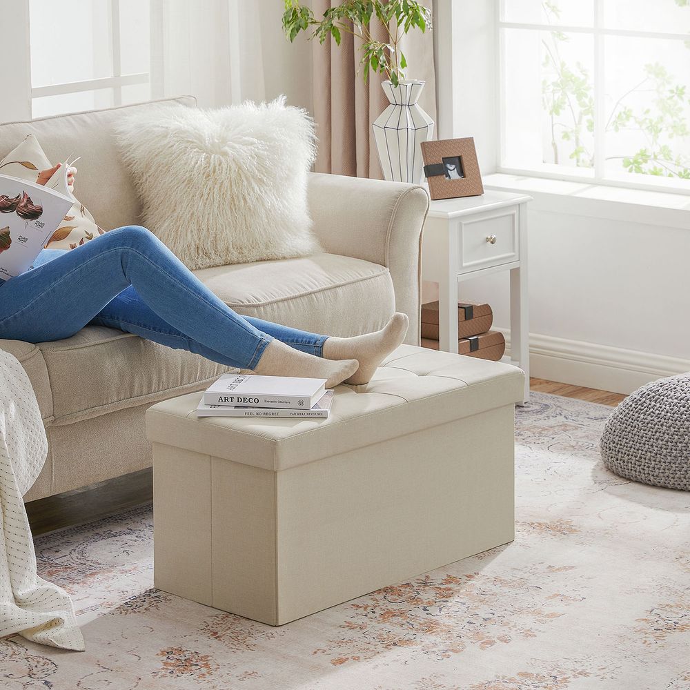 Storage Ottoman Bench - 30 Inch Folding - Linen Upholstered Storage