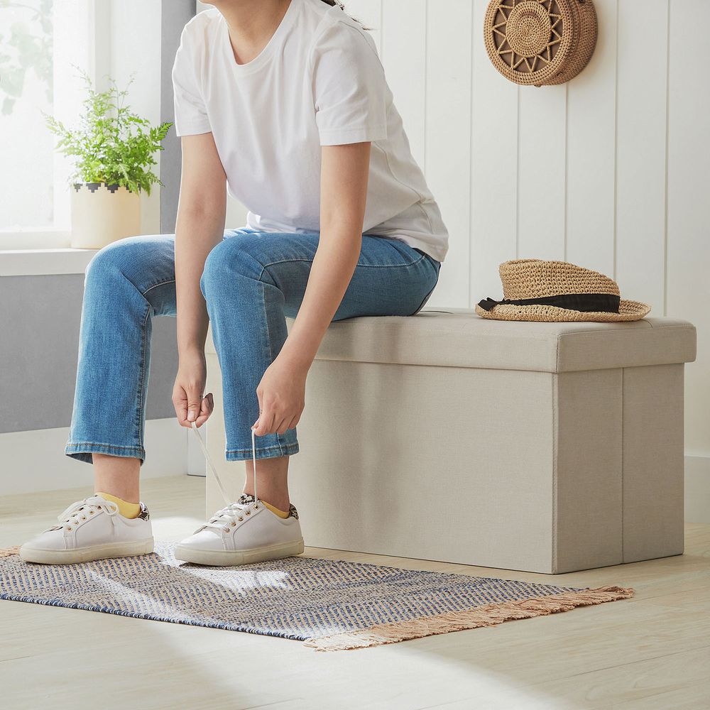 Storage Ottoman Bench - 30 Inch Folding - Linen Upholstered Storage