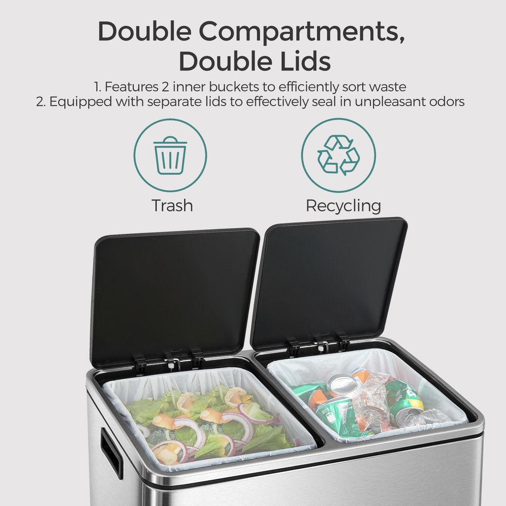 Double Trash Can With 2 Compartments – 2 x 8 Gallon – Soft Close Step Bin