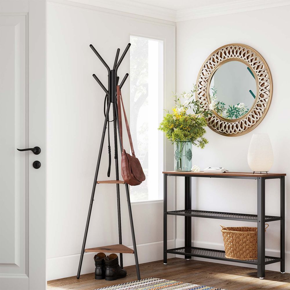 Coat Hanger Stand - Hall Tree With 2 Shelves - Entryway Organizer
