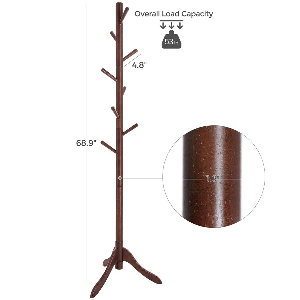 Solid Wood Coat Rack - Freestanding - 8 Hook Design