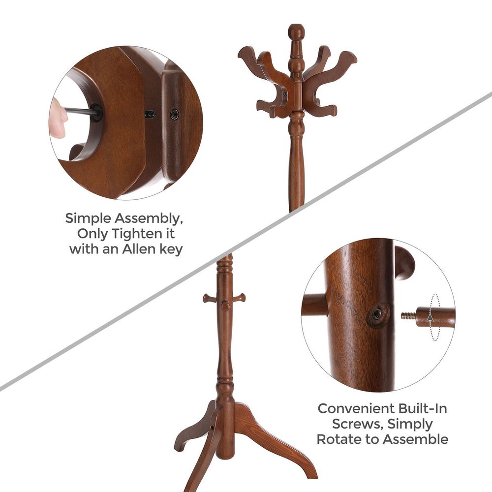 Coat Rack - Freestanding Wood Stand - 11 Hook Entryway