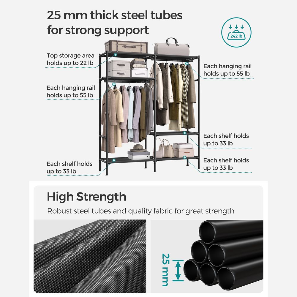 Heavy Duty Clothes Rack With Hanging Rails and Shelves Closet Organizer