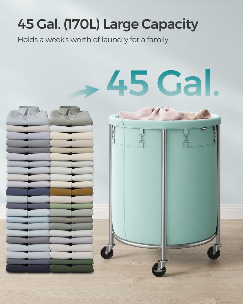 Laundry Basket - Round Rolling Hamper - With Wheels
