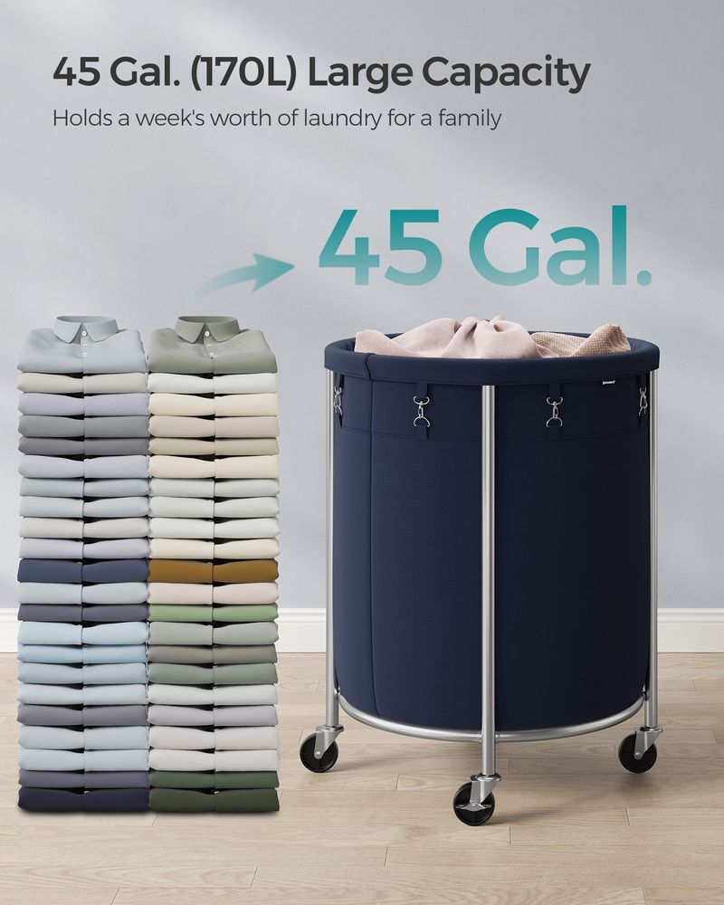 Laundry Basket - Round Rolling Hamper - With Wheels