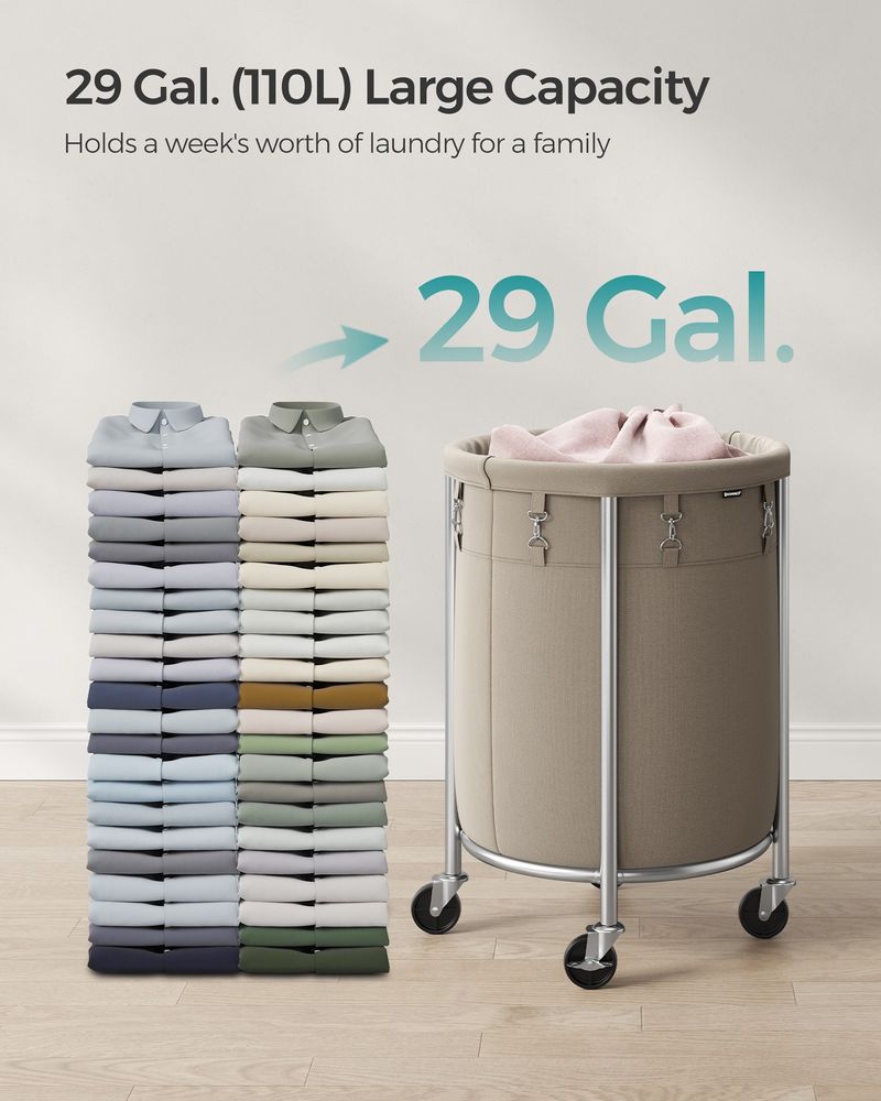 Laundry Basket - Round Rolling Hamper - With Wheels