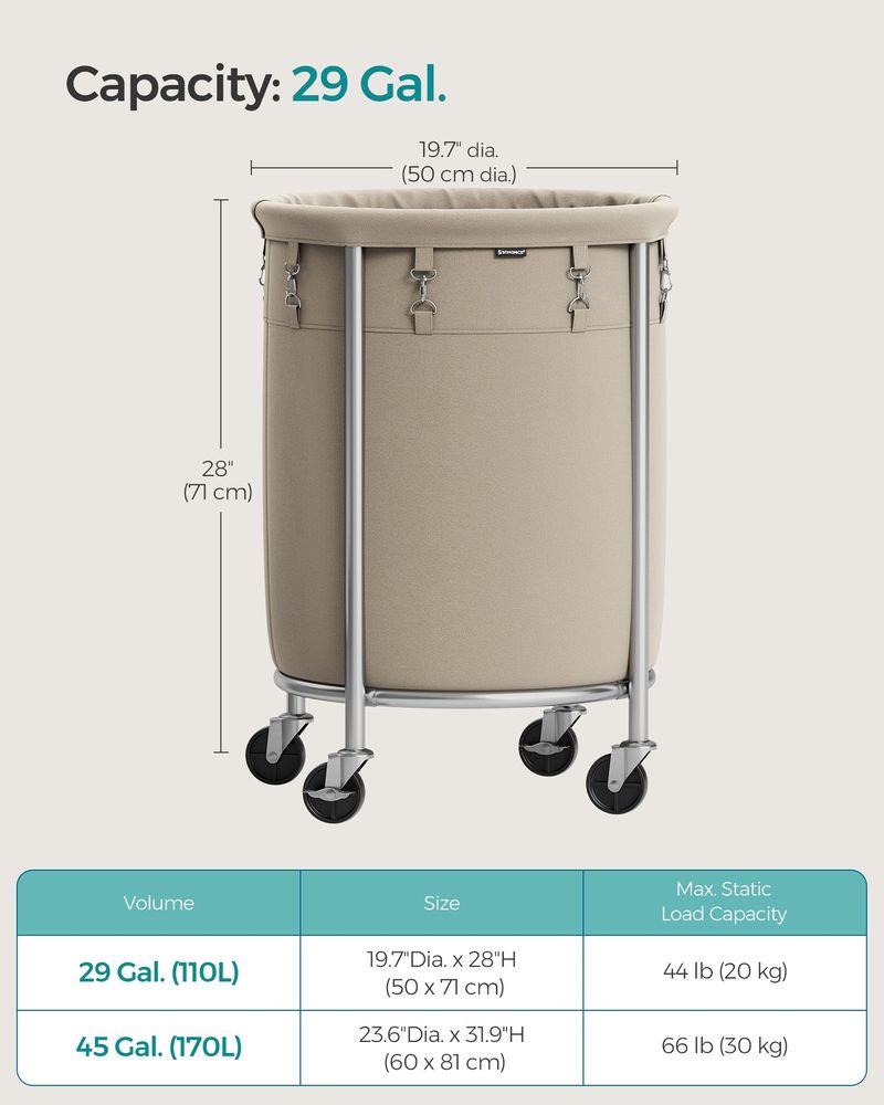 Laundry Basket - Round Rolling Hamper - With Wheels