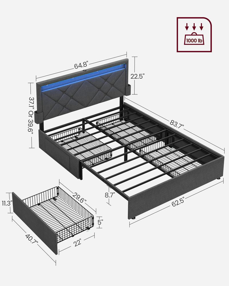 Queen LED Bed Frame with Headboard – 4 Storage Drawers – USB Ports