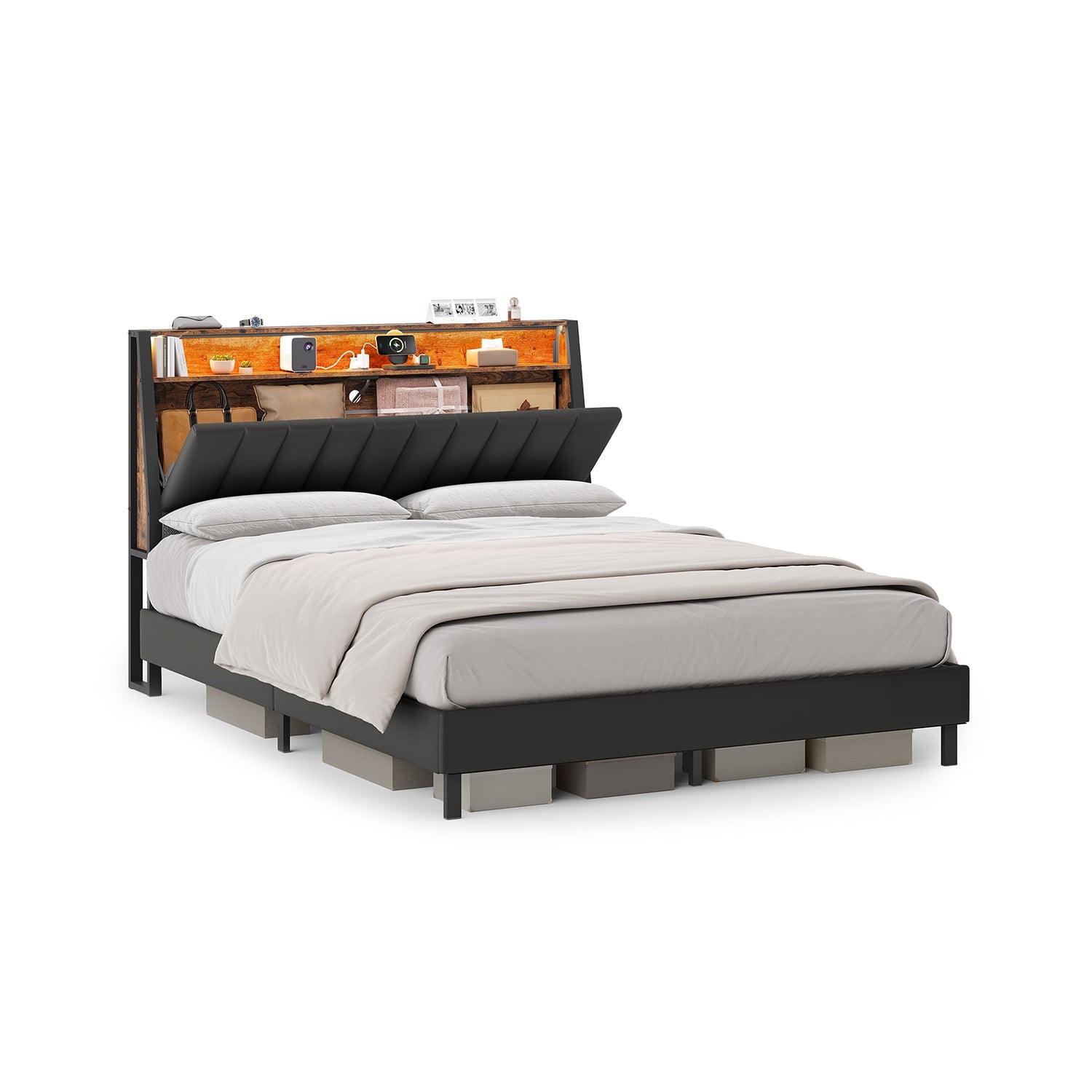 LED Bed Frame with Storage Headboard – Charging Station – Full & Queen Size