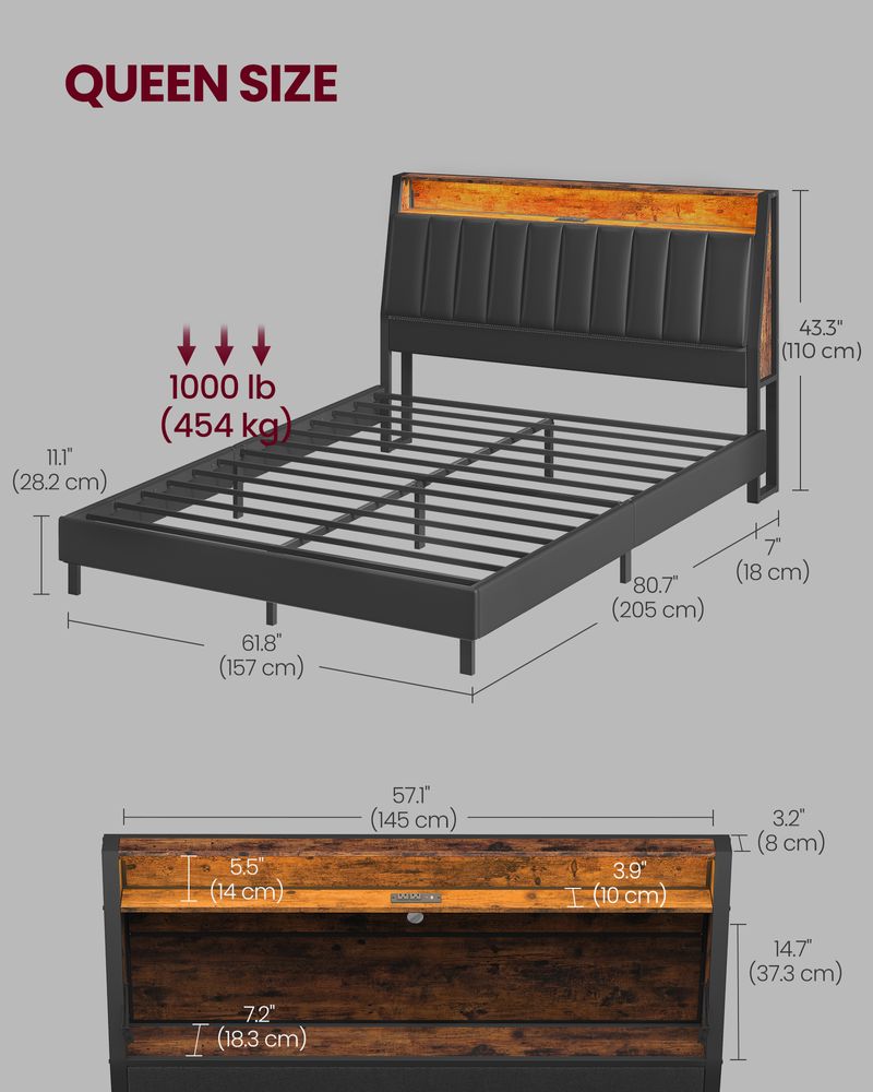 LED Bed Frame with Storage Headboard – Charging Station – Full & Queen Size