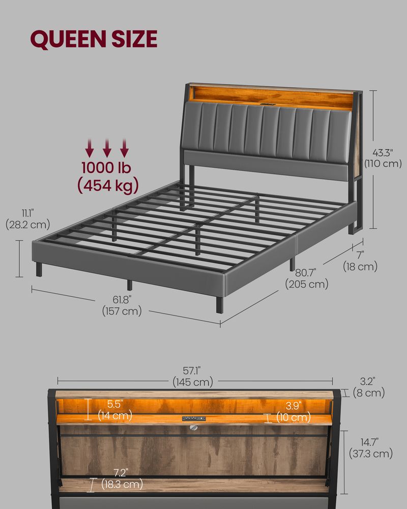 LED Bed Frame with Storage Headboard – Charging Station – Full & Queen Size