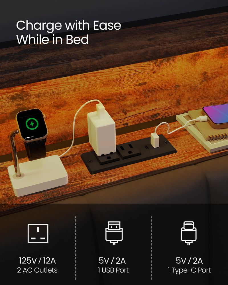 LED Bed Frame with Storage Headboard – Charging Station – Full & Queen Size