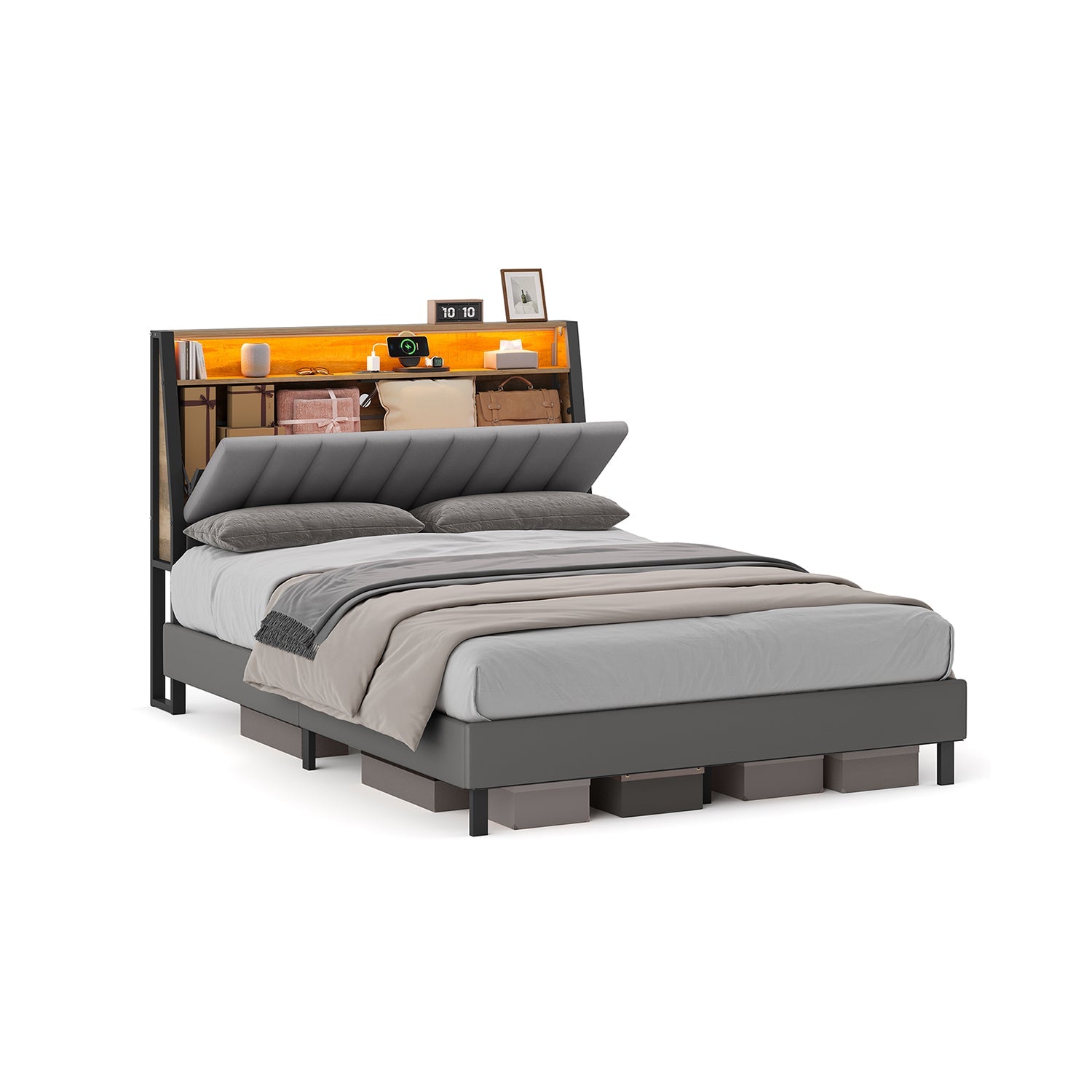 LED Bed Frame with Storage Headboard – Charging Station – Full & Queen Size