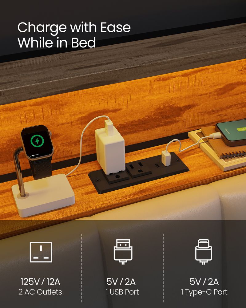 LED Bed Frame with Storage Headboard – Charging Station – Full & Queen Size