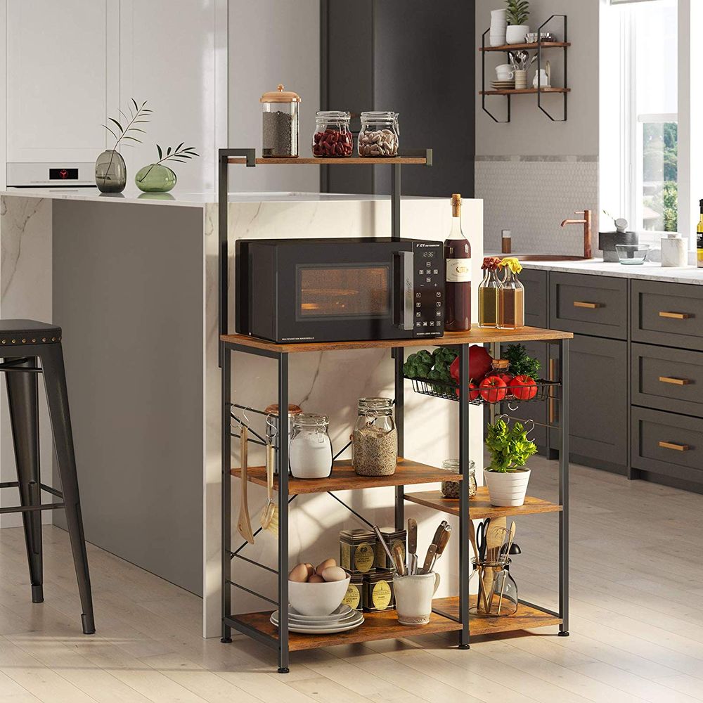 Baker’s Rack - Industrial Brown - With Shelves And Hooks