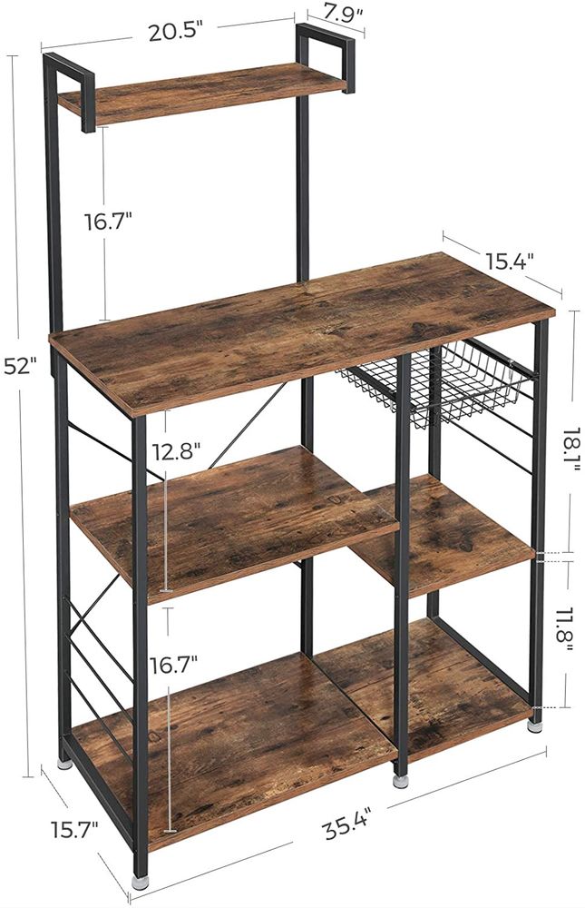 Baker’s Rack - Industrial Brown - With Shelves And Hooks