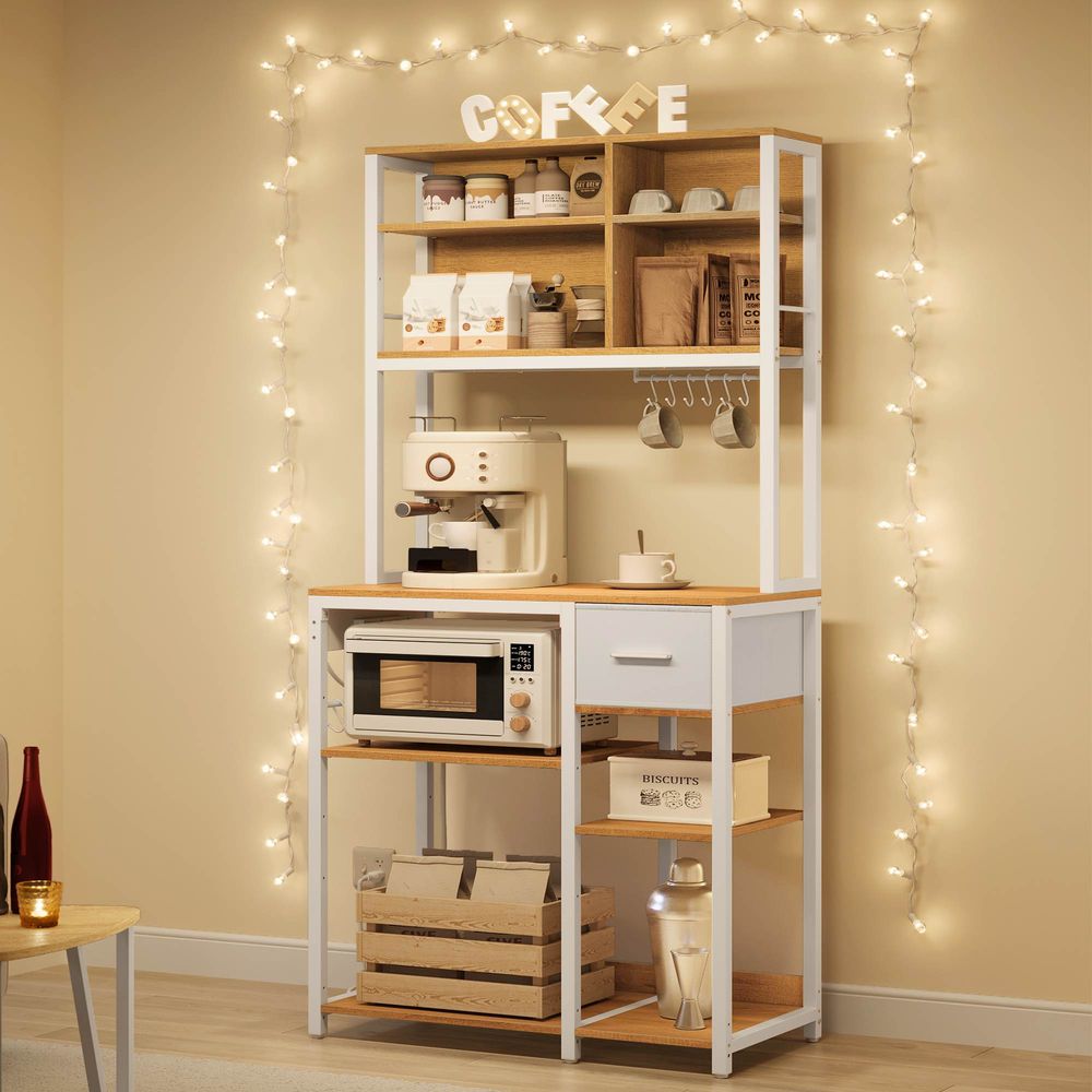 Bakers Rack With Charging Station Kitchen Storage Shelf Microwave Stand