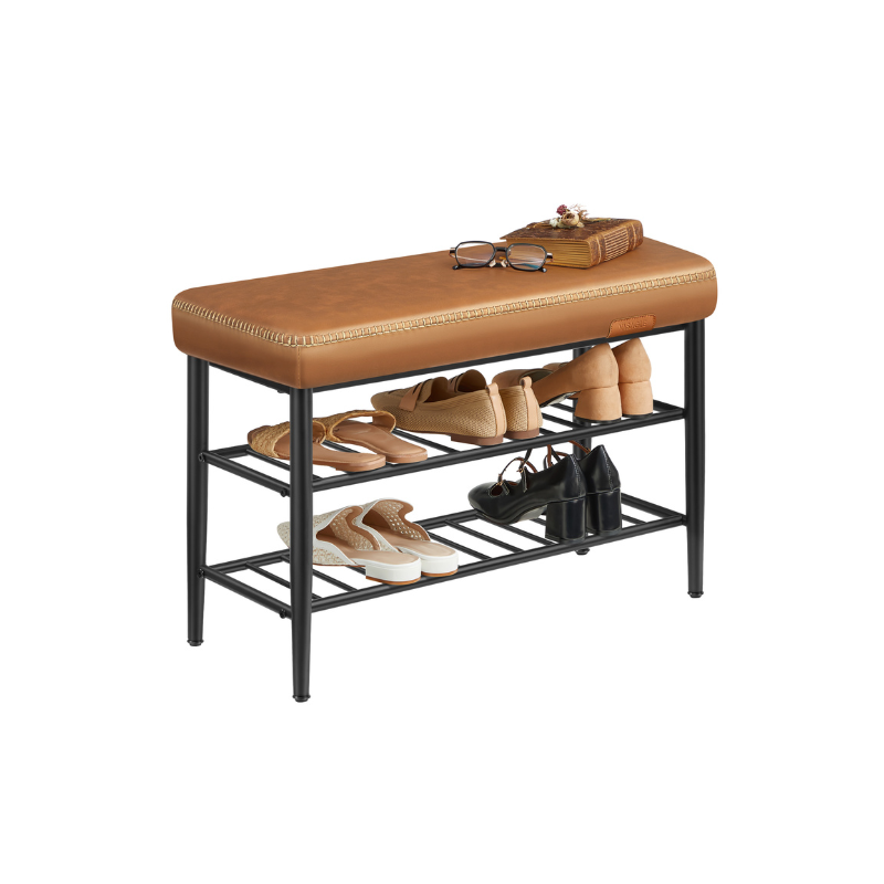Shoe Bench With Cushion - Metal Shelves - Entryway Storage