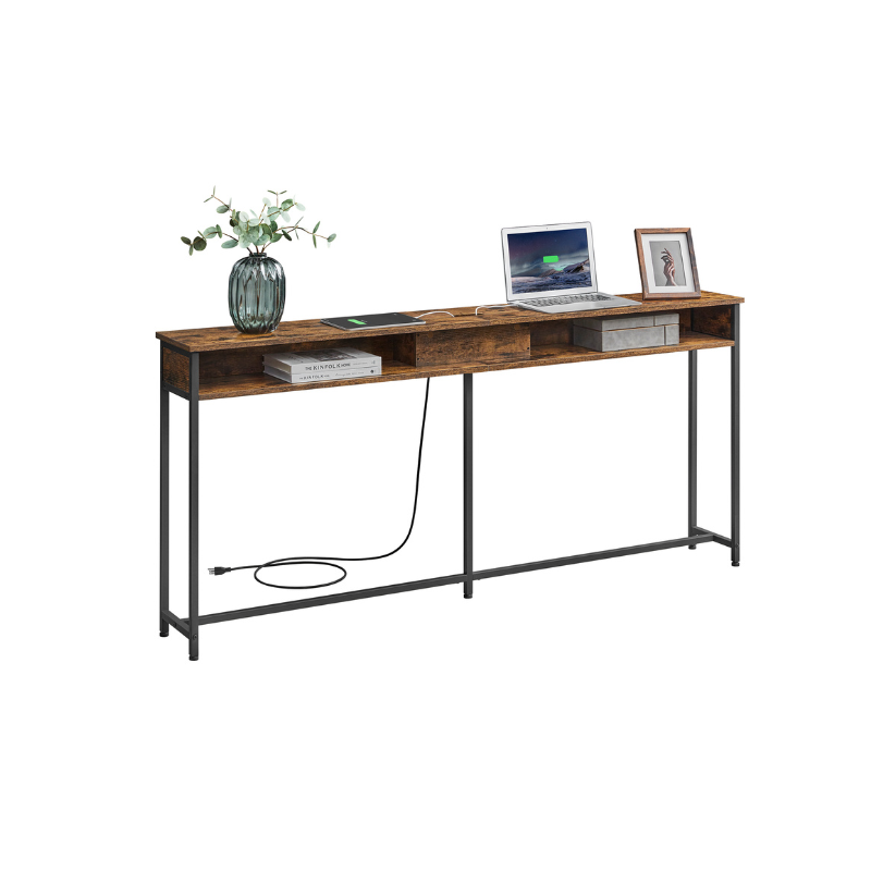70 Inch Console Table With Outlet – Slim Design – Shelves for Entryway