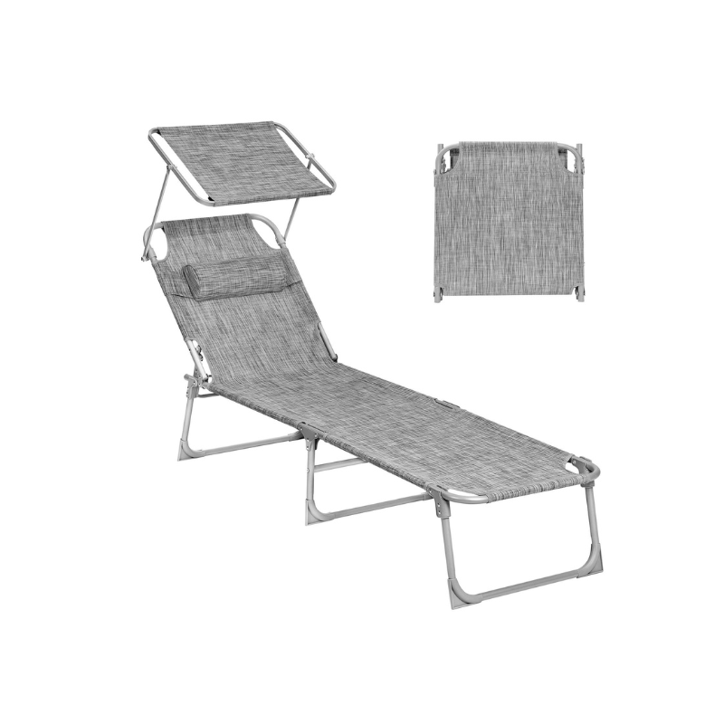 Sun Lounger With Sunshade Adjustable Backrest Folding Outdoor Lounge Chair