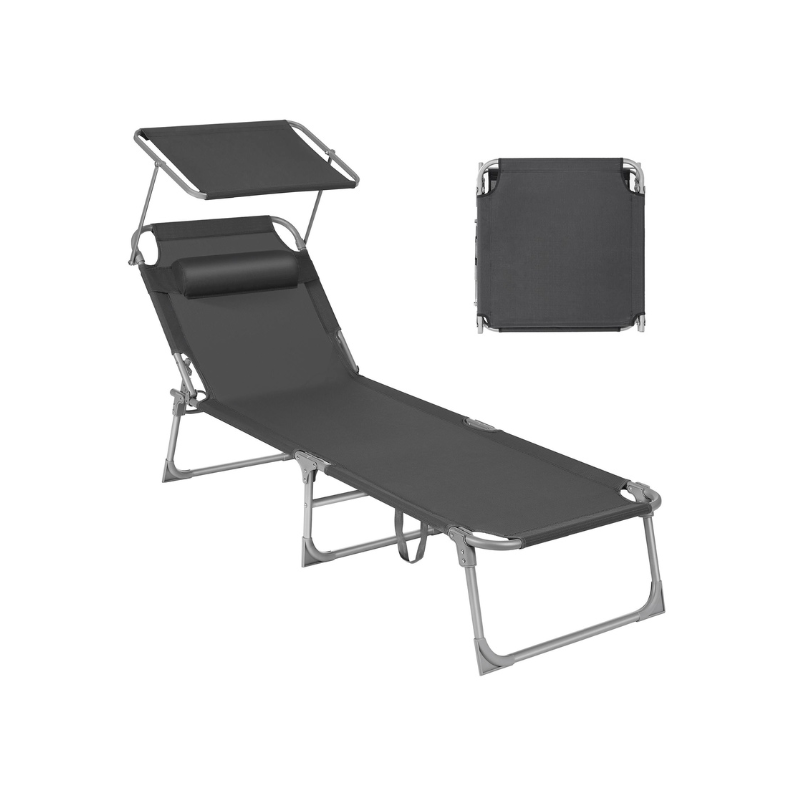 Sun Lounger With Sunshade Adjustable Backrest Folding Outdoor Lounge Chair