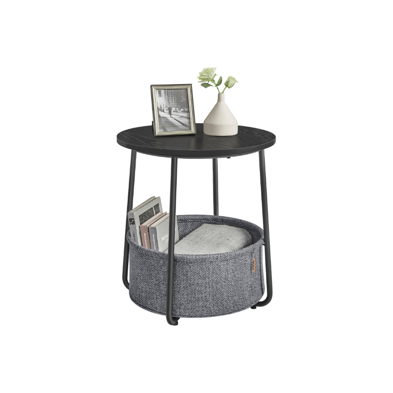 Nightstand - Modern Round - With Fabric Storage Basket