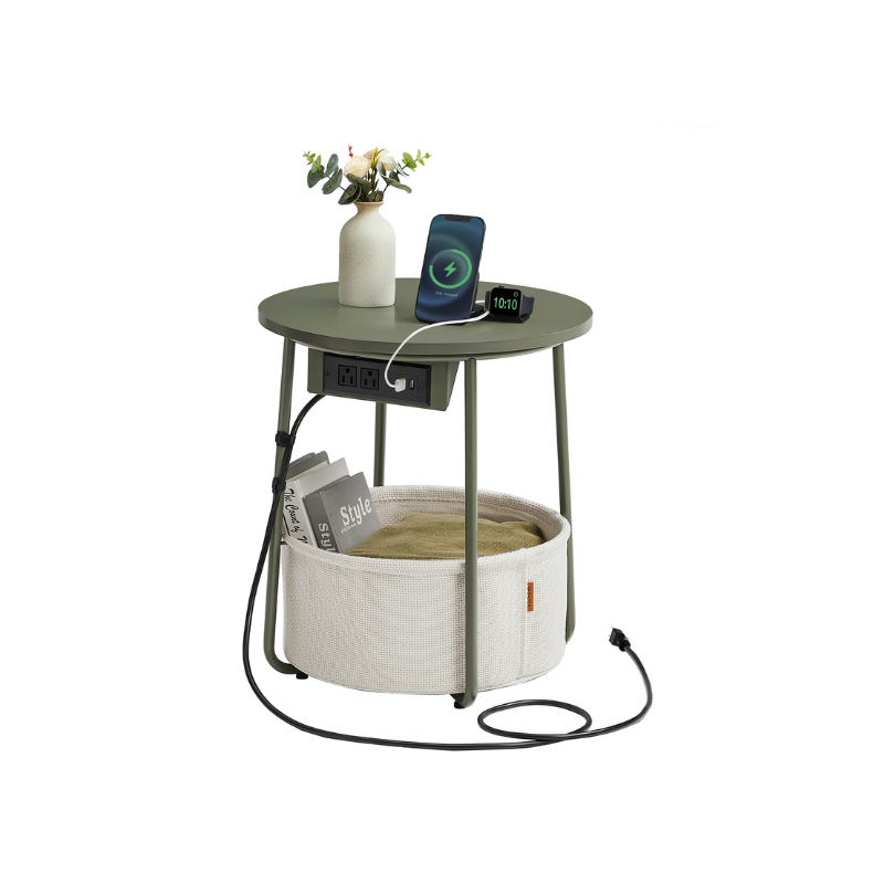 Side Table With Charging Station – Fabric Basket – Metal Legs