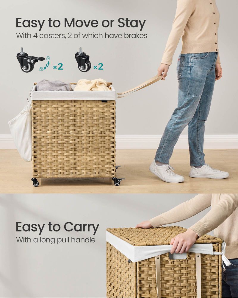 Laundry Basket - Rolling With Wheels - 3 Section - 145L & 160L