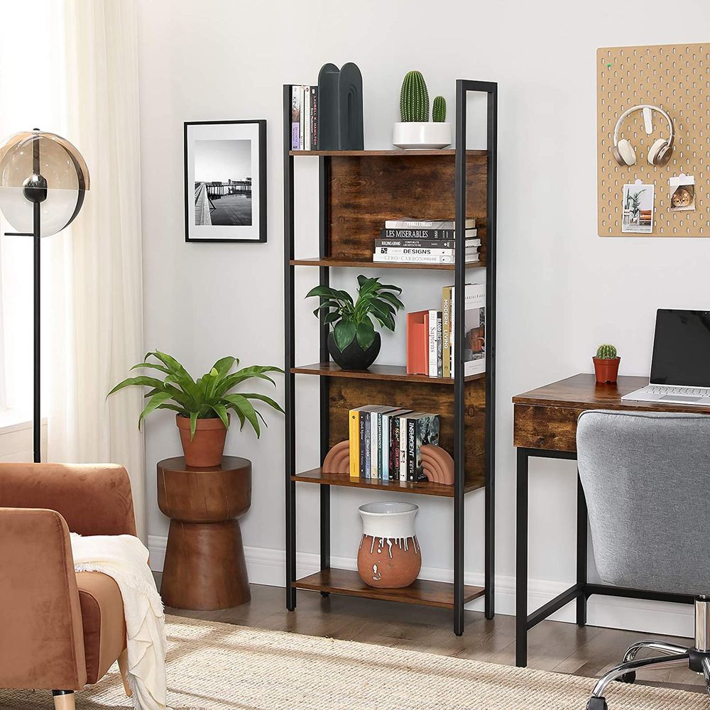 5 Tier Bookshelf With Steel Frame Tall Storage Shelving Unit
