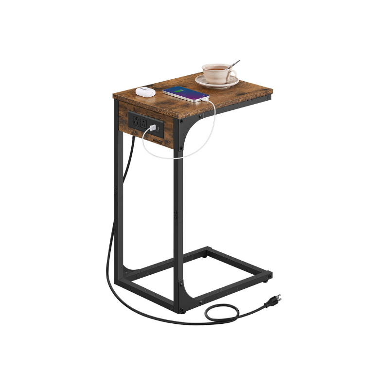 C-Shaped Side Table - With Charging Station - For Sofa Or Bed