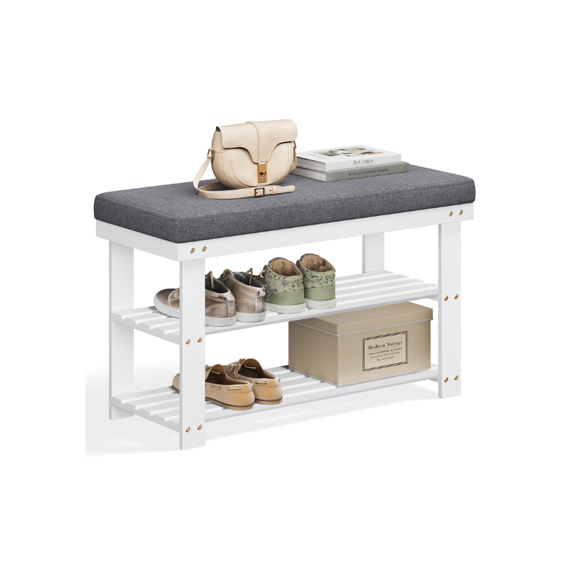 Shoe Bench - 3 Tier Bamboo - Cushioned Seat With Storage