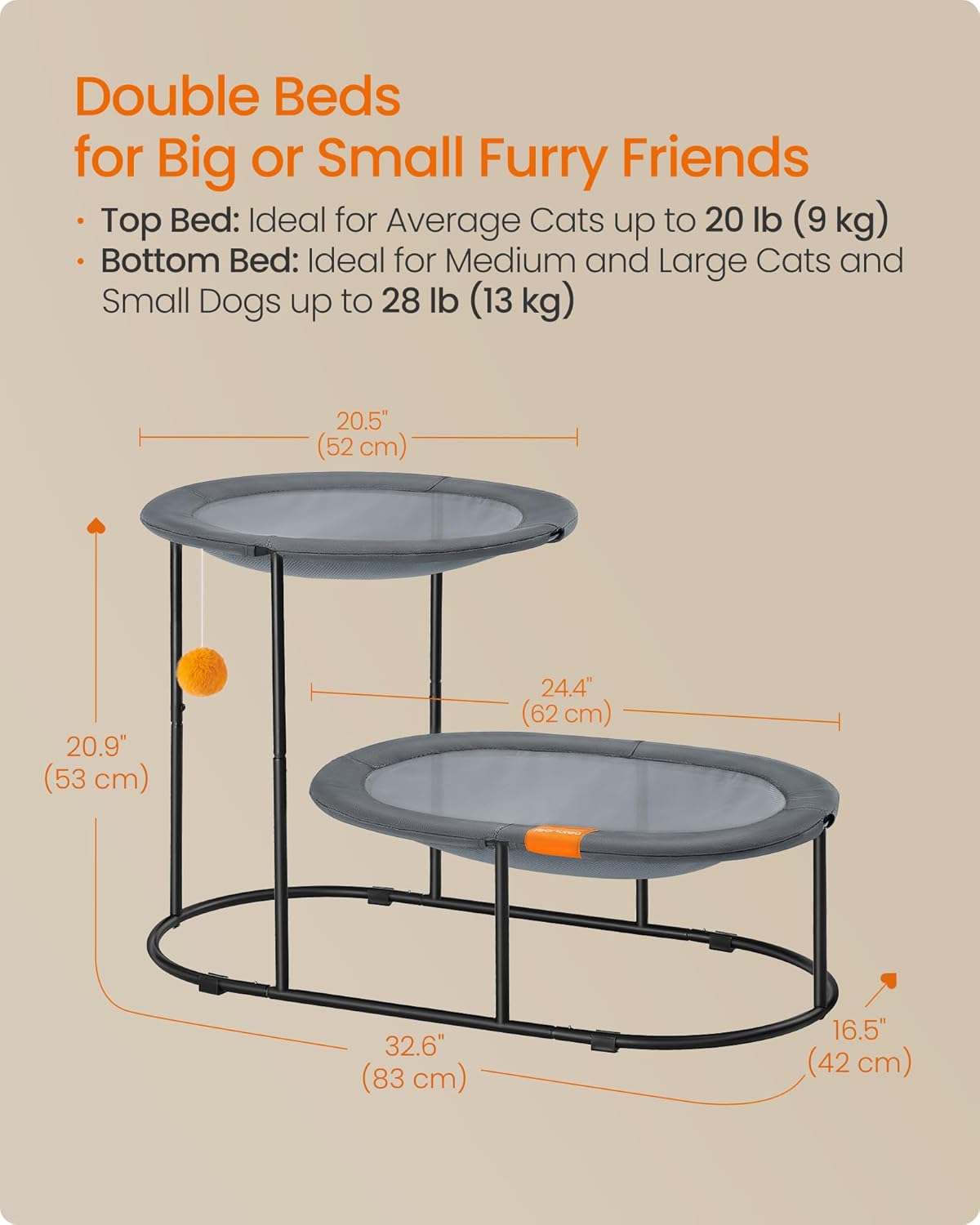 2 Tier Elevated Cat Bed Multi Level Cat Hammock With Steel Frame