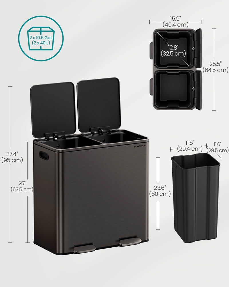 Double Kitchen Trash Can – 2 x 10.6 Gallon – Step Pedal Soft Close