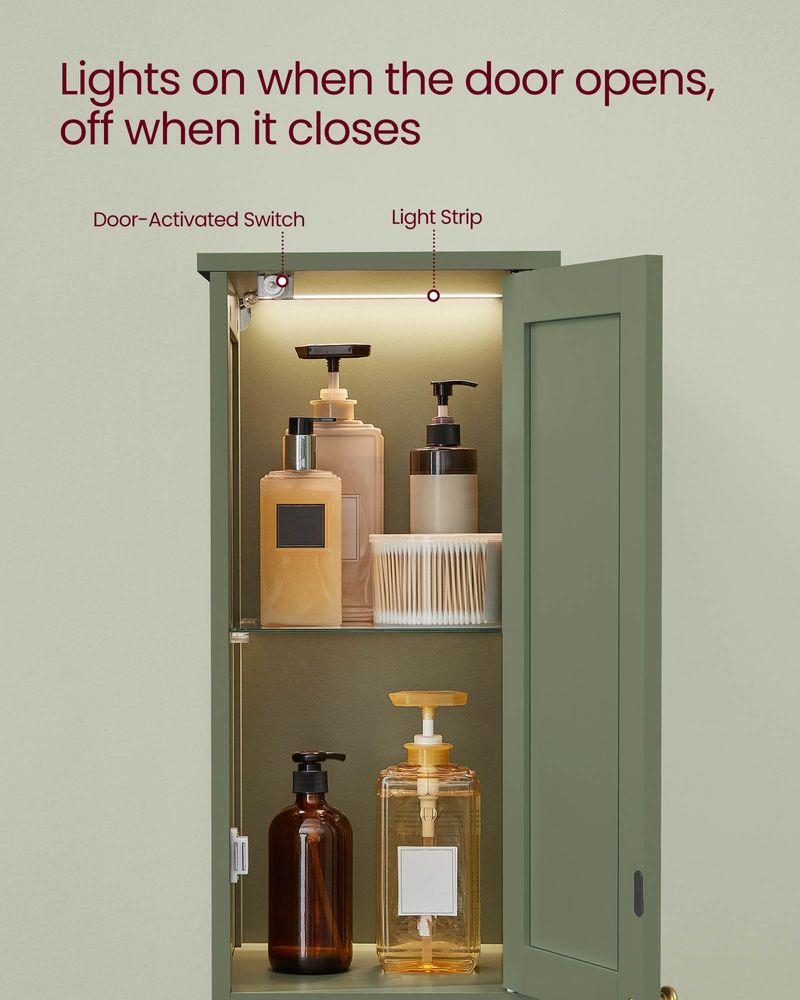 Tall Bathroom Cabinet with Lights – Narrow Design – Adjustable Shelves