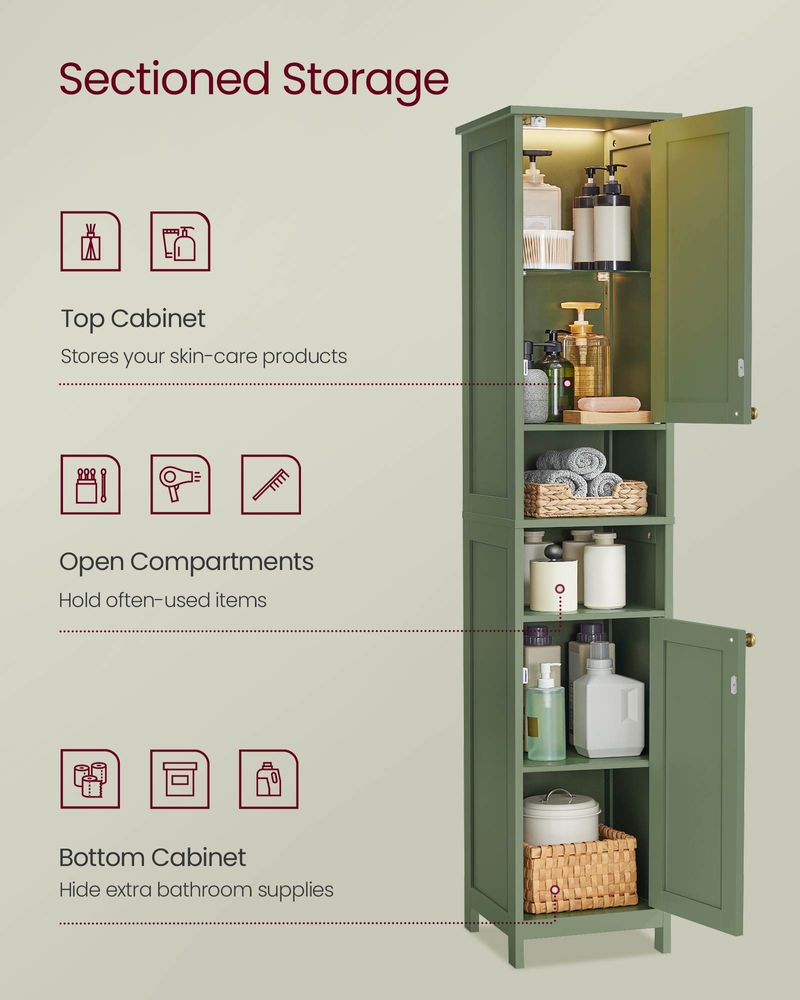 Tall Bathroom Cabinet with Lights – Narrow Design – Adjustable Shelves