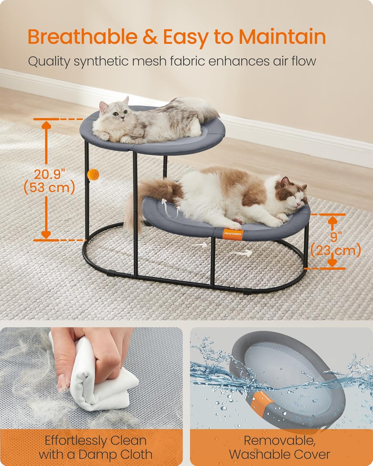 2 Tier Elevated Cat Bed Multi Level Cat Hammock With Steel Frame