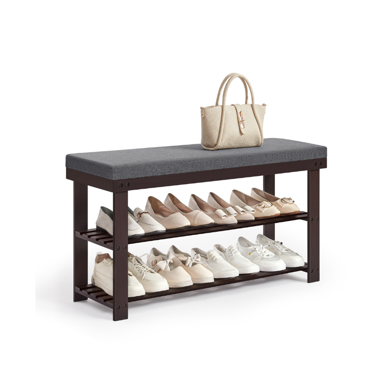 Shoe Bench - 3 Tier Bamboo - Cushioned Seat With Storage