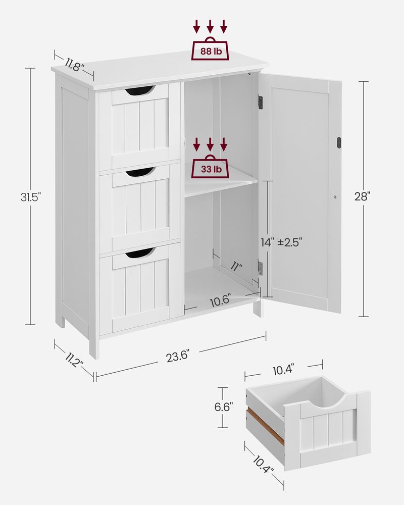 Bathroom Storage Cabinet - White - 3 Drawers - Adjustable Shelf