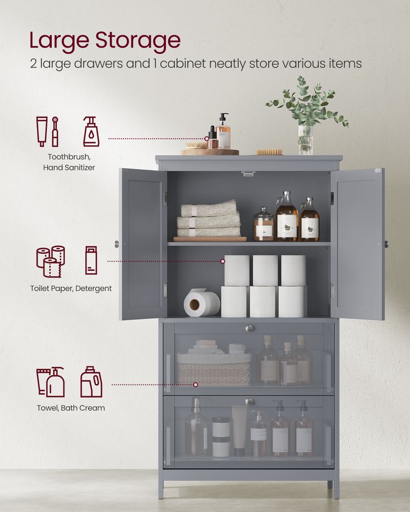 Bathroom Floor Storage Cabinet - 2 Drawers 2 Doors - Freestanding