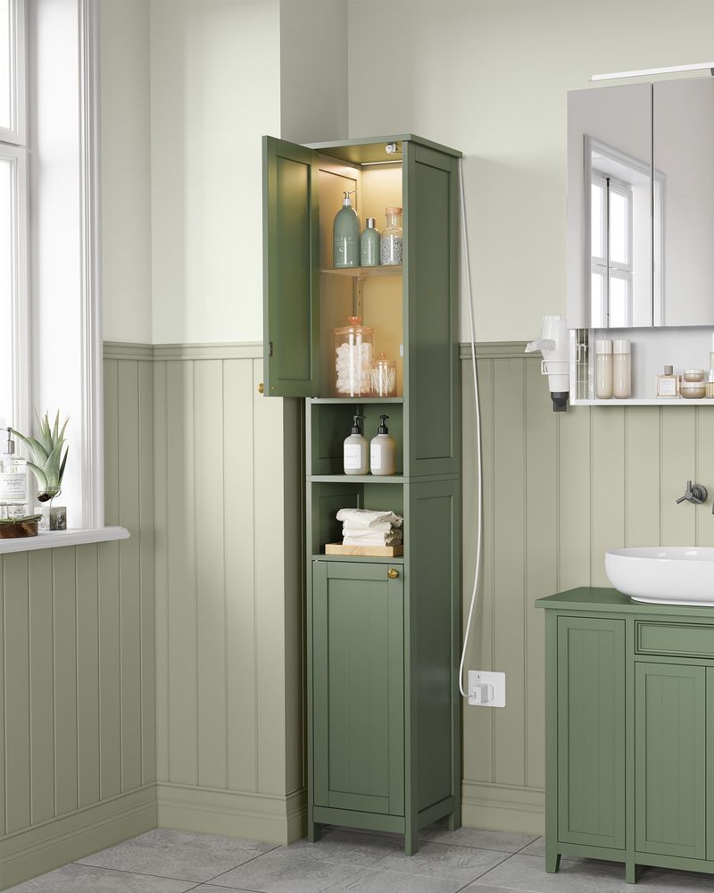 Bathroom Cabinet – Auto LED Lighting – Tall Storage With Adjustable Shelves