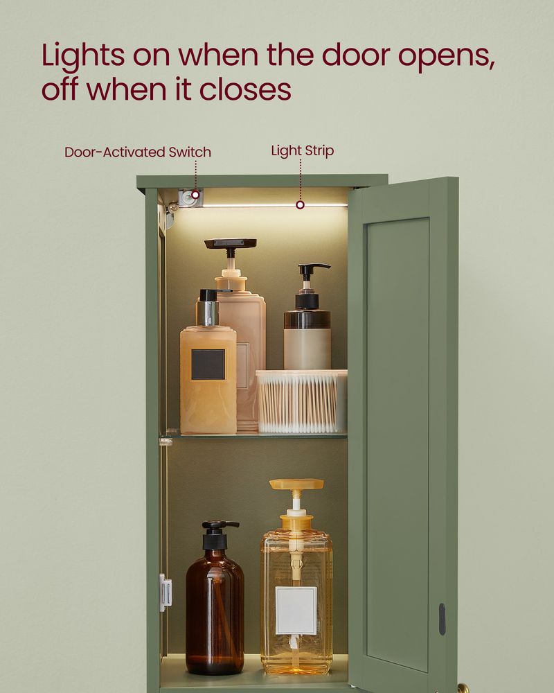 Bathroom Cabinet – Auto LED Lighting – Tall Storage With Adjustable Shelves